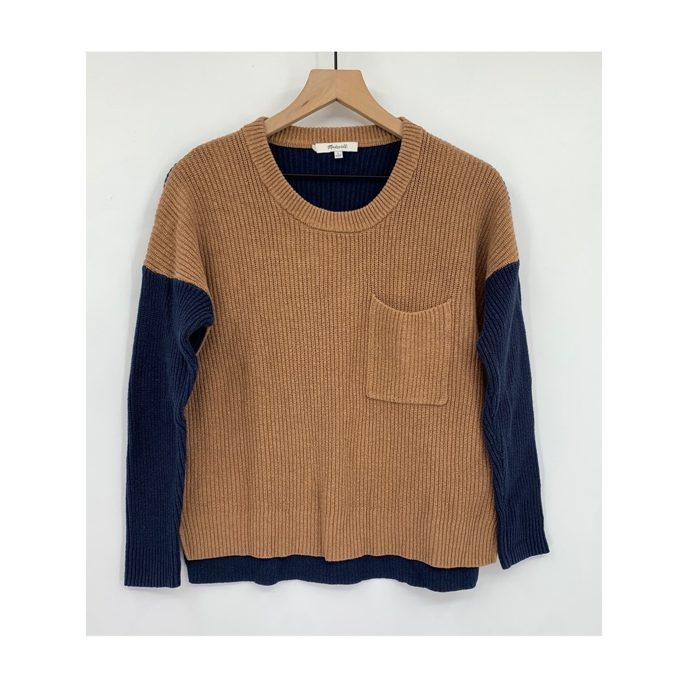 Madewell Sweater Womens Small Brown Blue Colorblock Ribbed Knit Crewneck Pocket